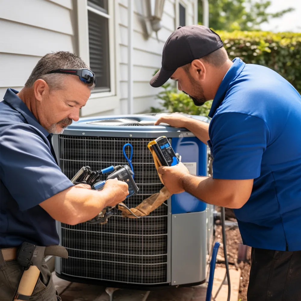 two hvac techs Maintenance of an air conditioning unit